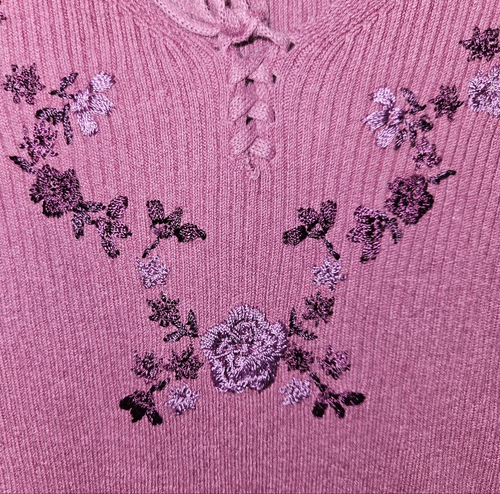 Y2K Sweater Embroidered Floral Vintage Fairycore Ribbed Knit Large Whimsy - Picture 6 of 13
